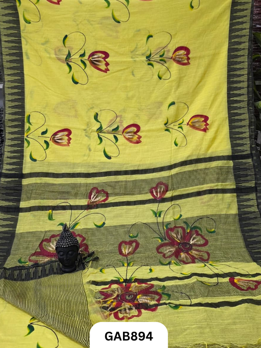 Temple Zari Border Hand Block Printed Katan Cotton Silk Saree With Running Blouse
