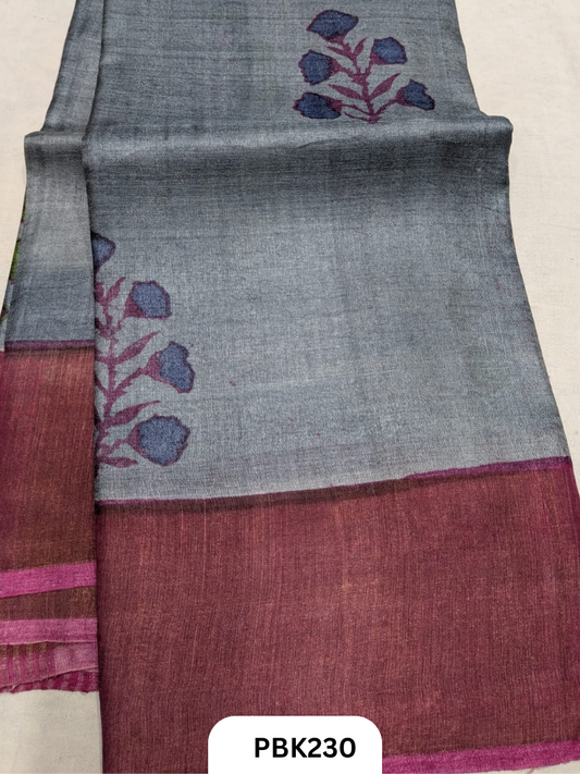 Premium Pure Tussar Silk Handblock Print Saree – Kolkata Special