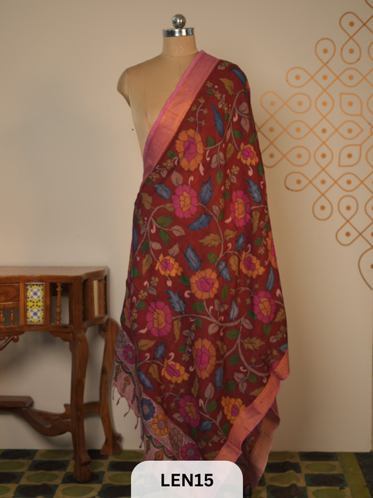 PURE PENKALAMKARI CHENNURI SILK  DUPPATA