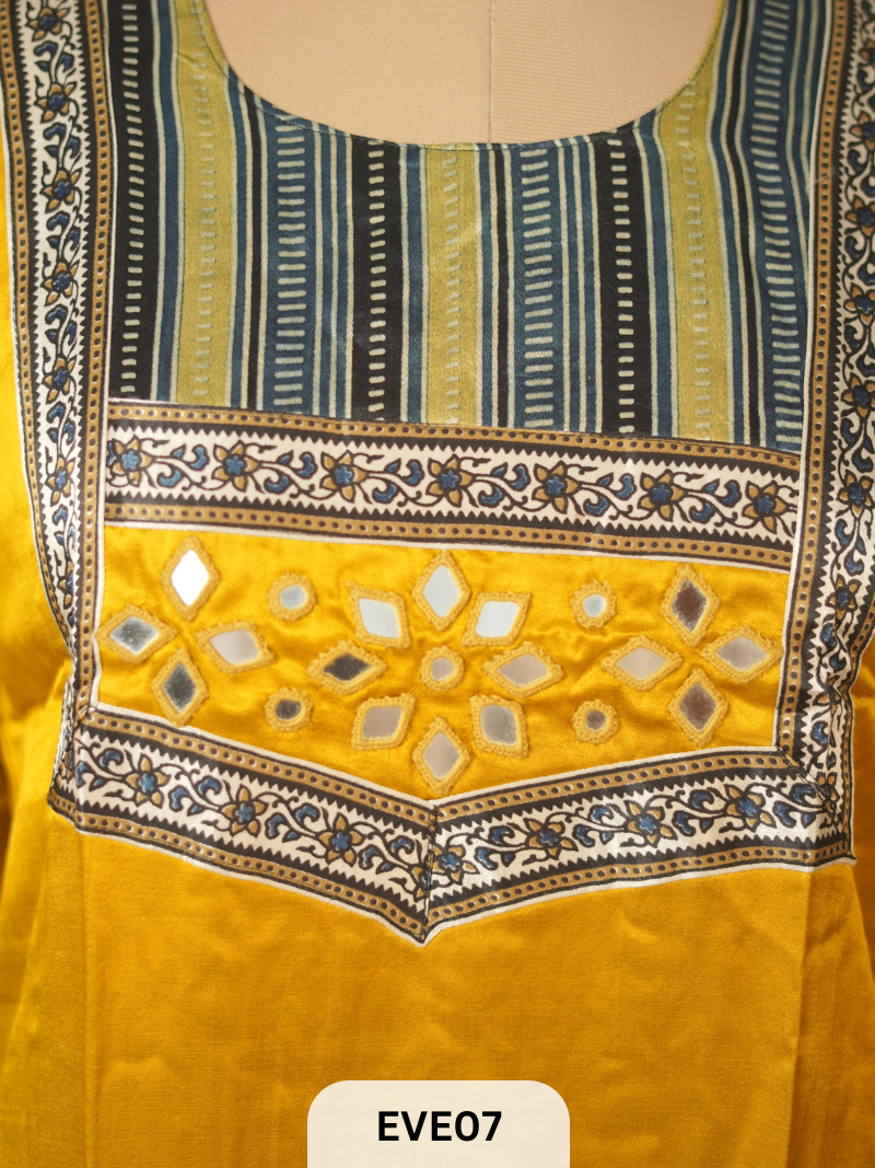 MASHRU KURTI WITH MIRROR WORK AND AJRAKH PRINT