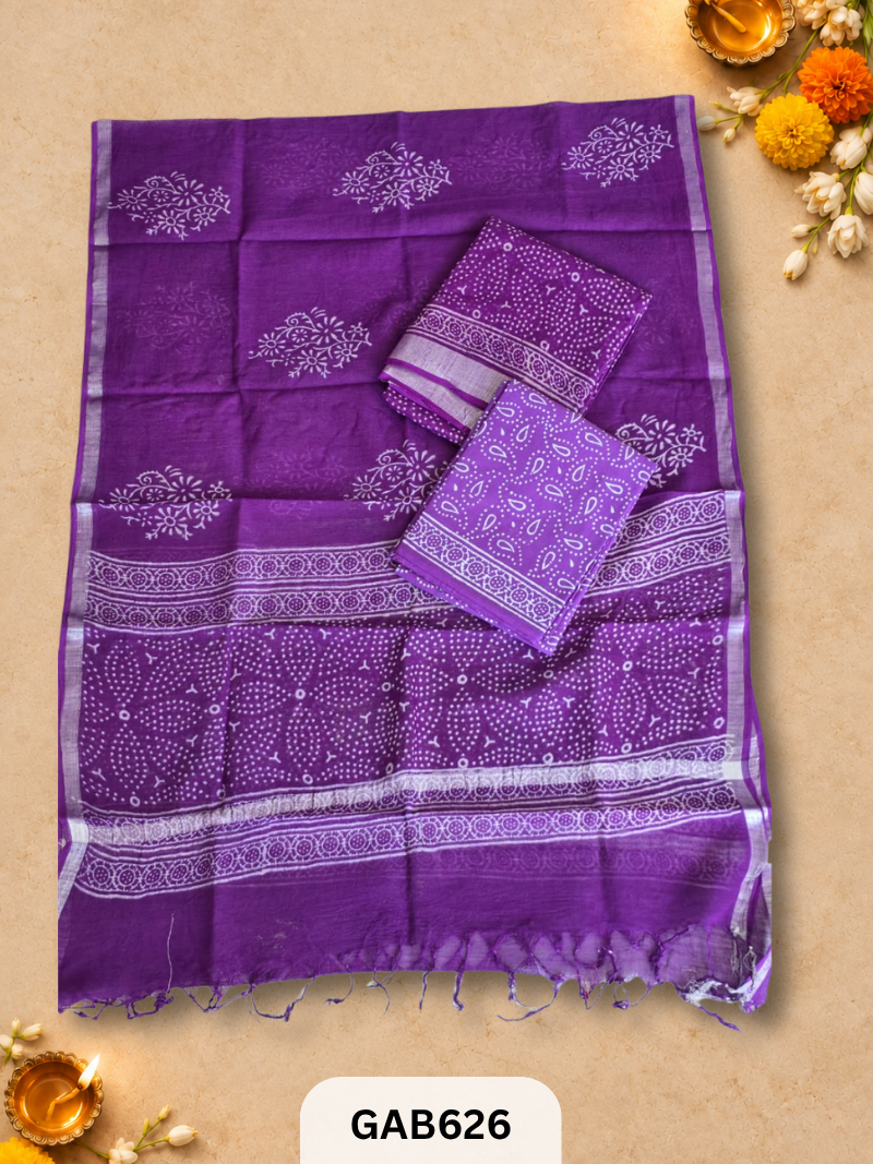 Bagru Hand Block Printed Linen Suits With Zari Border