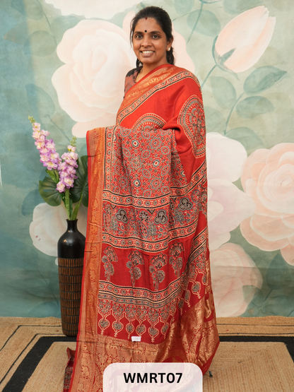 DOLA SILK WITH AJRAKH HANDBLOCK PRINT SAREE