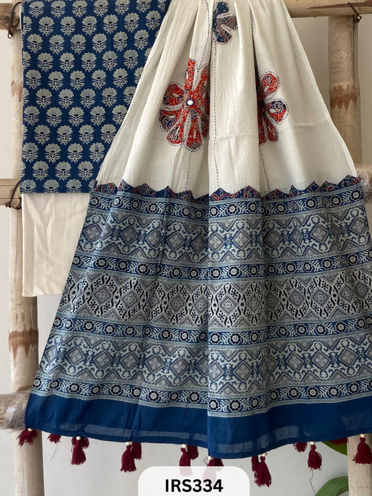 AJARAKH PRINT SUIT PCS WITH AJRAKH BORDER AND MIRROR WORK DUPATTA
