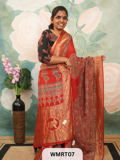 DOLA SILK WITH AJRAKH HANDBLOCK PRINT SAREE