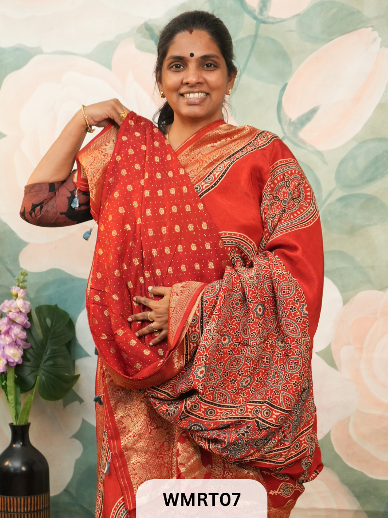 DOLA SILK WITH AJRAKH HANDBLOCK PRINT SAREE