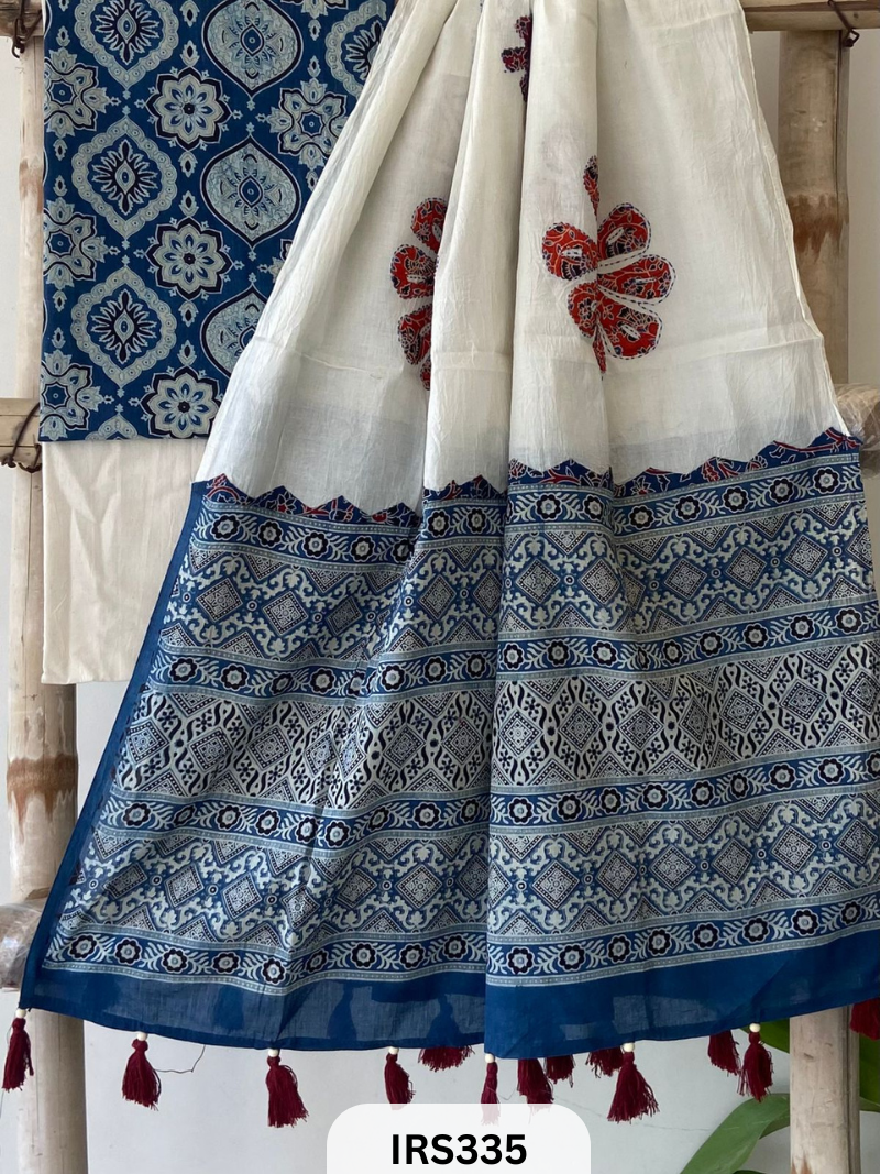 AJARAKH PRINT SUIT PCS WITH AJRAKH BORDER AND MIRROR WORK DUPATTA
