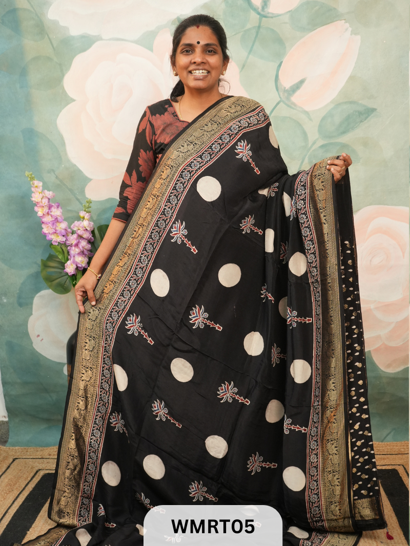 DOLA SILK WITH AJRAKH HANDBLOCK PRINT SAREE