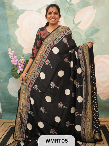 DOLA SILK WITH AJRAKH HANDBLOCK PRINT SAREE