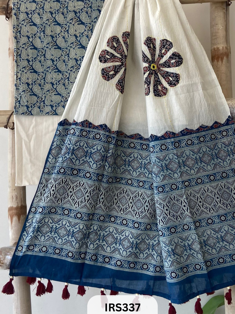 AJARAKH PRINT SUIT PCS WITH AJRAKH BORDER AND MIRROR WORK DUPATTA