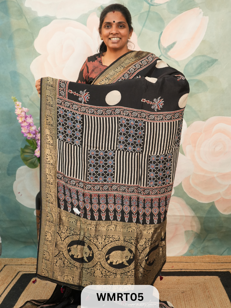 DOLA SILK WITH AJRAKH HANDBLOCK PRINT SAREE