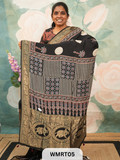 DOLA SILK WITH AJRAKH HANDBLOCK PRINT SAREE