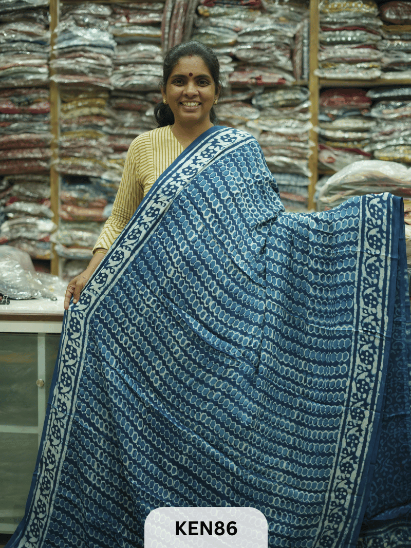 MODAL INDIGO DABU HANDBLOCK PRINT SAREE - NATURAL PROCESS