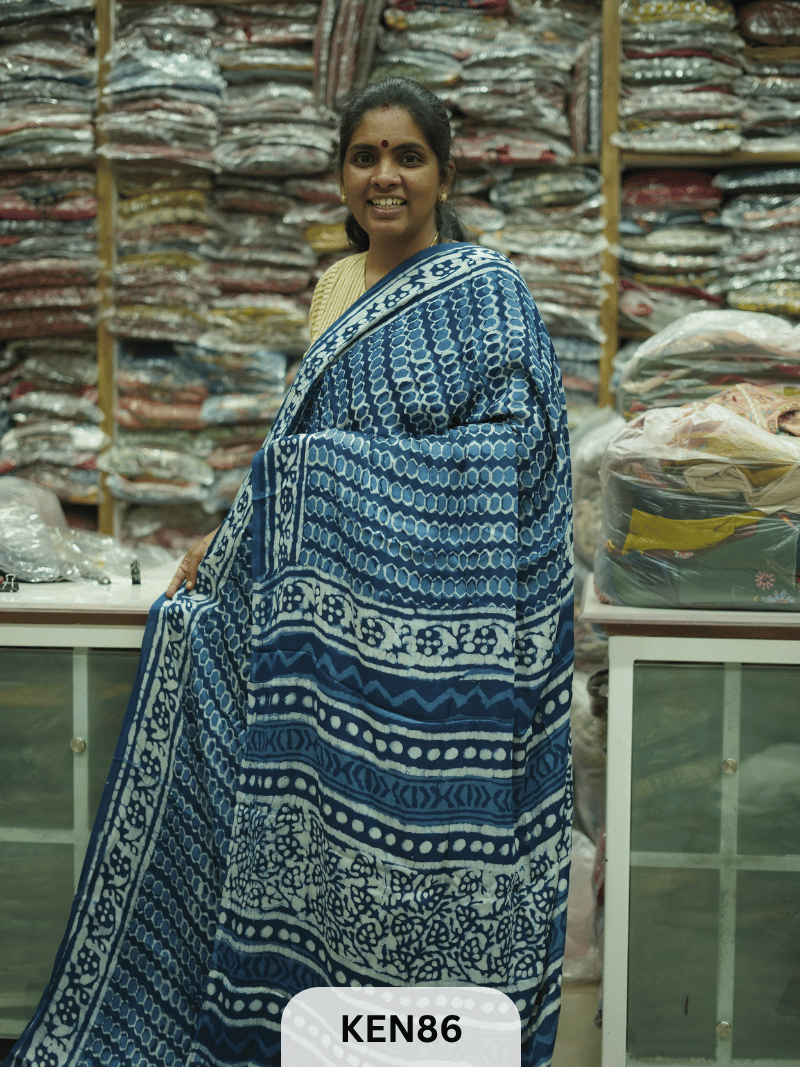 MODAL INDIGO DABU HANDBLOCK PRINT SAREE - NATURAL PROCESS