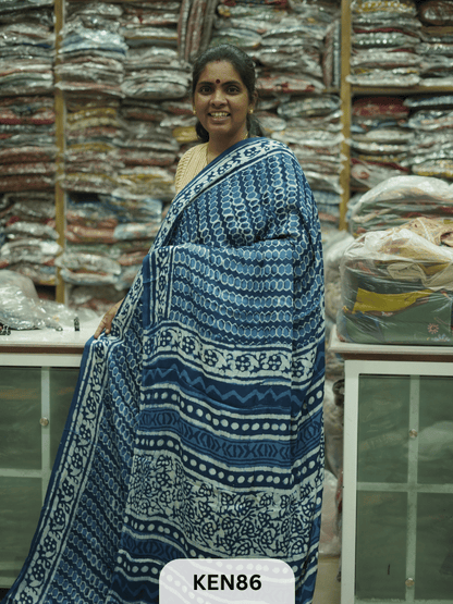 MODAL INDIGO DABU HANDBLOCK PRINT SAREE - NATURAL PROCESS