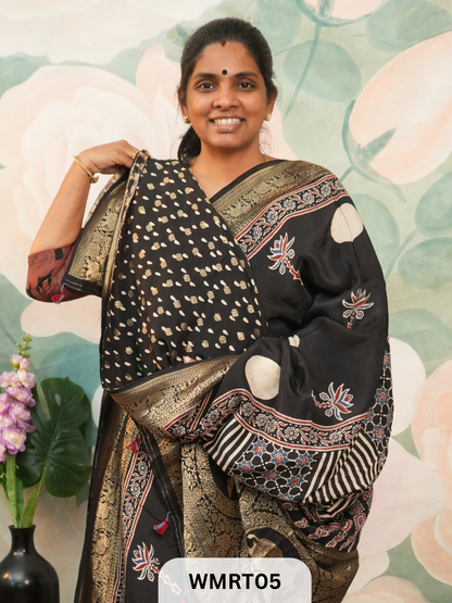 DOLA SILK WITH AJRAKH HANDBLOCK PRINT SAREE