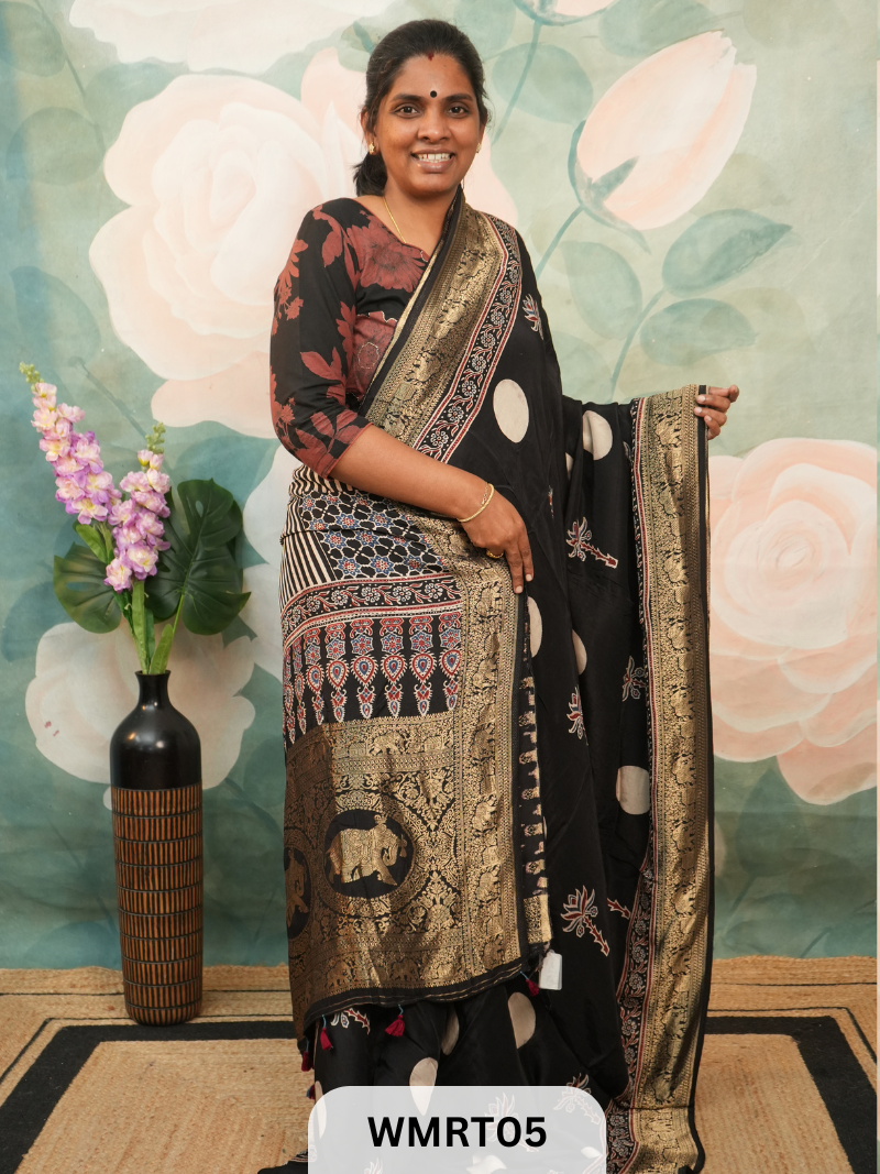 DOLA SILK WITH AJRAKH HANDBLOCK PRINT SAREE