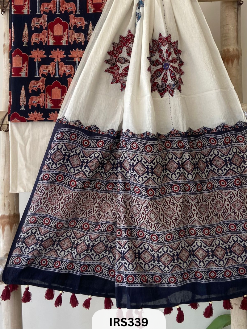 AJARAKH PRINT SUIT PCS WITH AJRAKH BORDER AND MIRROR WORK DUPATTA