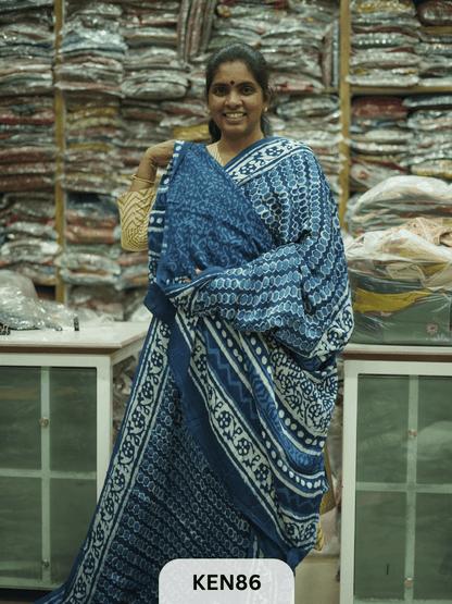 MODAL INDIGO DABU HANDBLOCK PRINT SAREE - NATURAL PROCESS