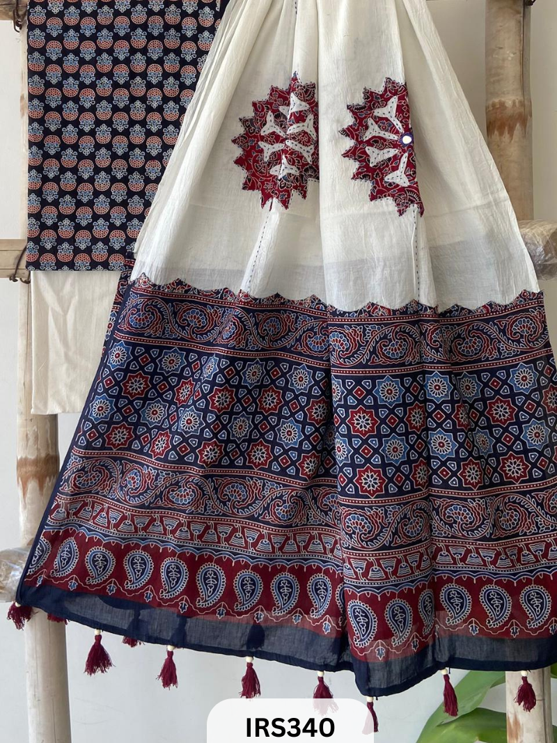 AJARAKH PRINT SUIT PCS WITH AJRAKH BORDER AND MIRROR WORK DUPATTA
