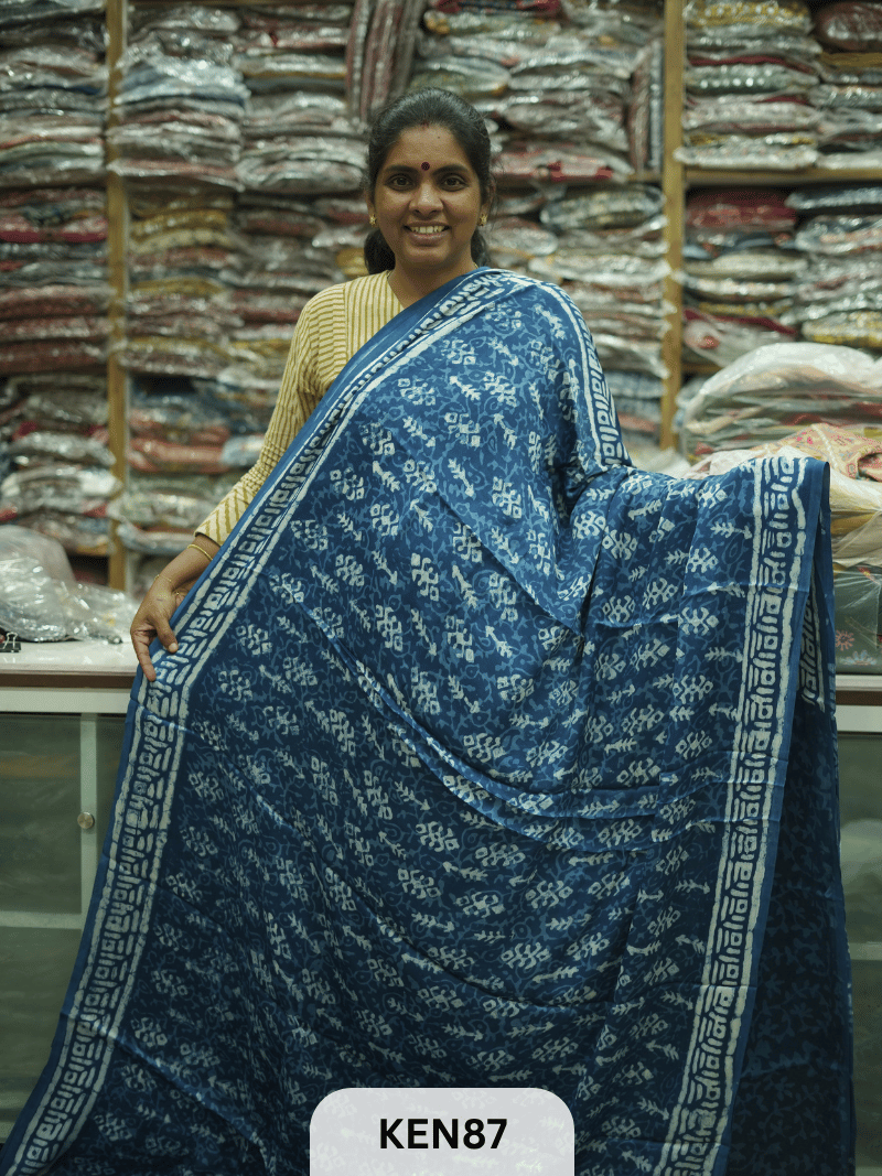 MODAL INDIGO DABU HANDBLOCK PRINT SAREE - NATURAL PROCESS
