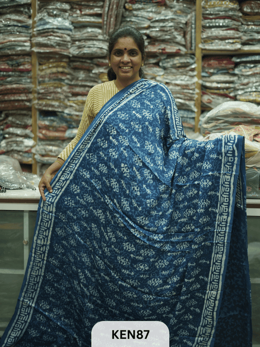 MODAL INDIGO DABU HANDBLOCK PRINT SAREE - NATURAL PROCESS