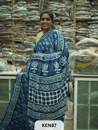 MODAL INDIGO DABU HANDBLOCK PRINT SAREE - NATURAL PROCESS
