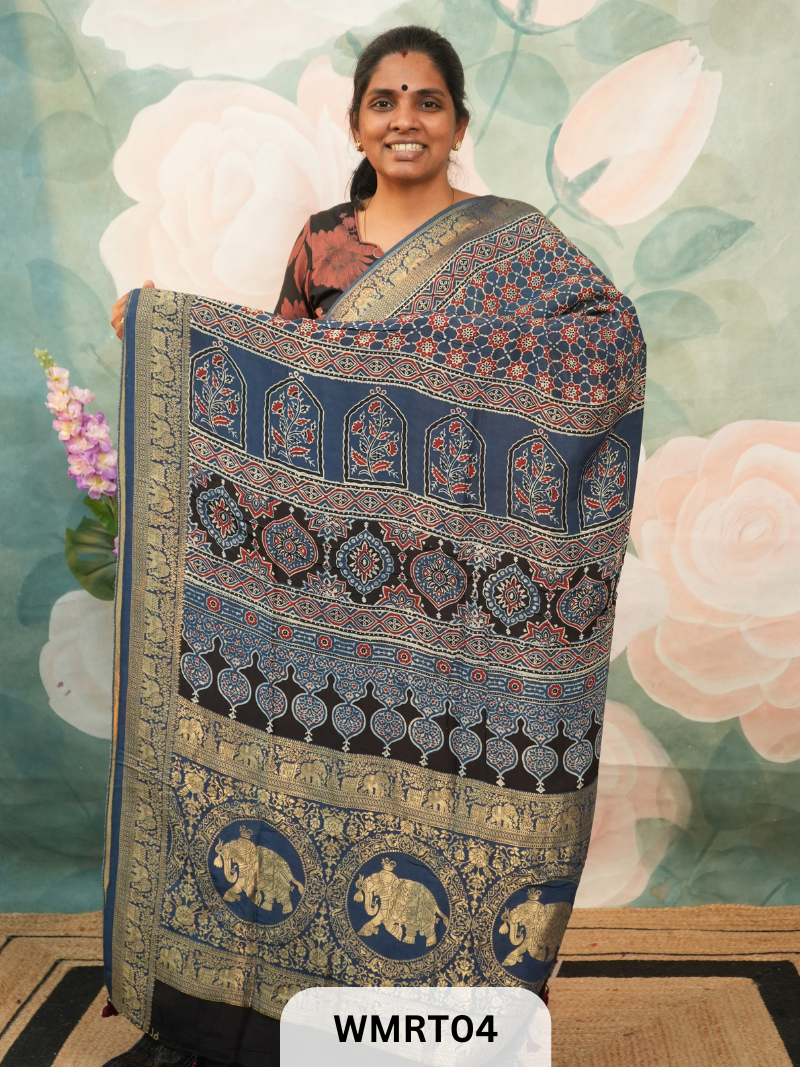 DOLA SILK WITH AJRAKH HANDBLOCK PRINT SAREE