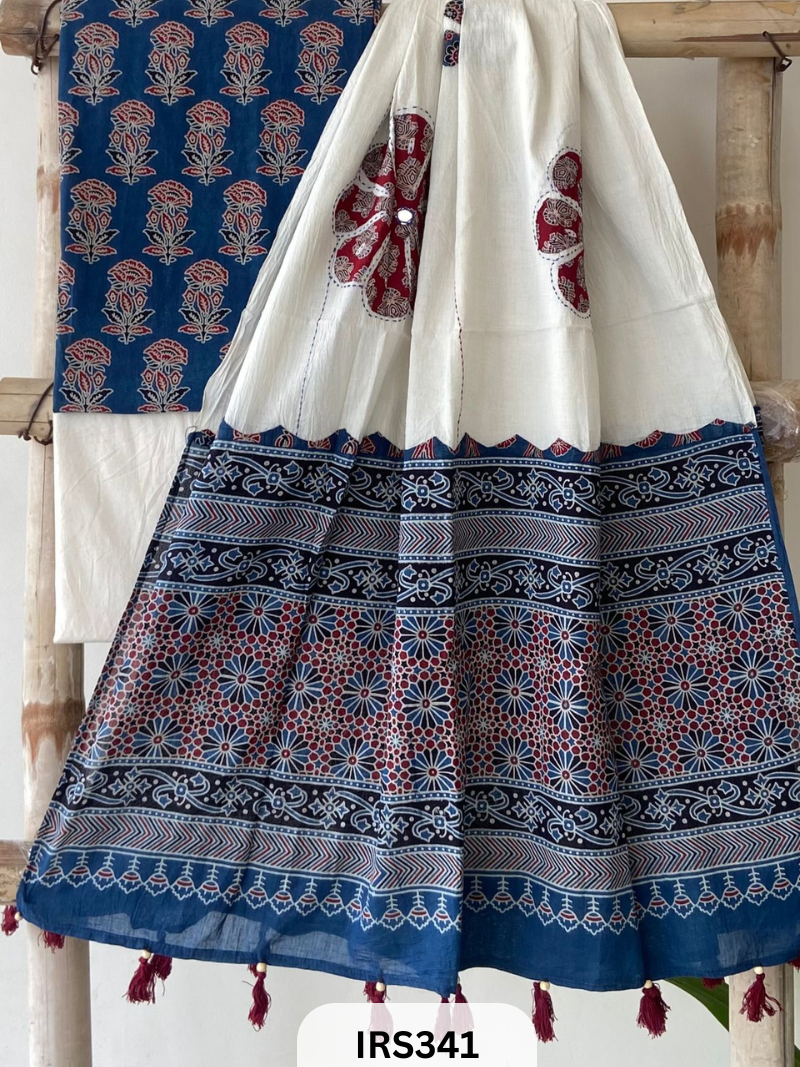 AJARAKH PRINT SUIT PCS WITH AJRAKH BORDER AND MIRROR WORK DUPATTA