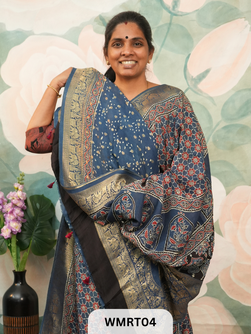 DOLA SILK WITH AJRAKH HANDBLOCK PRINT SAREE