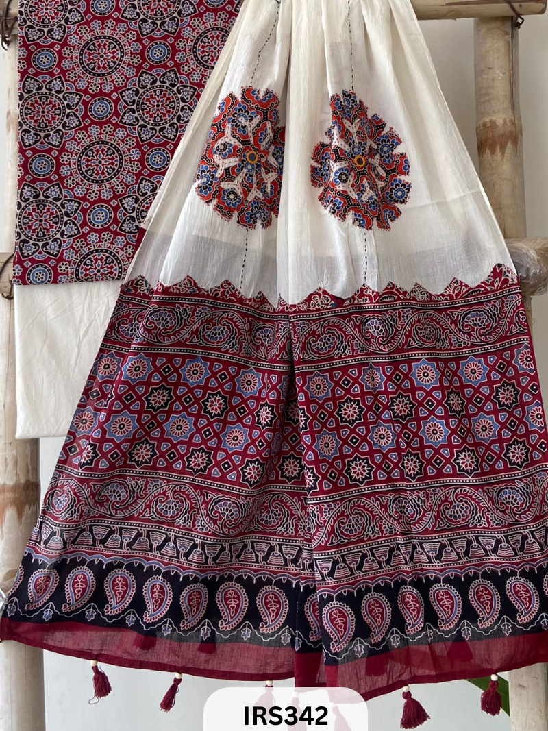 AJARAKH PRINT SUIT PCS WITH AJRAKH BORDER AND MIRROR WORK DUPATTA