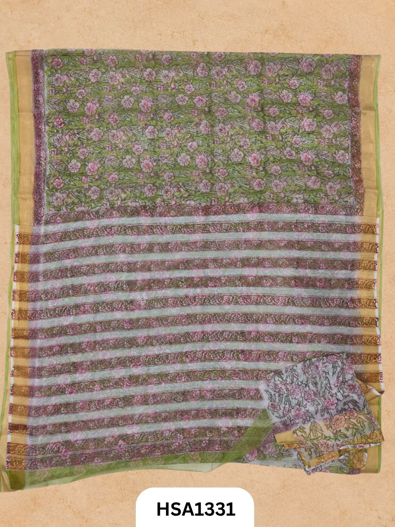 Chiffon Zari Border Saree - Hand Brush Painted