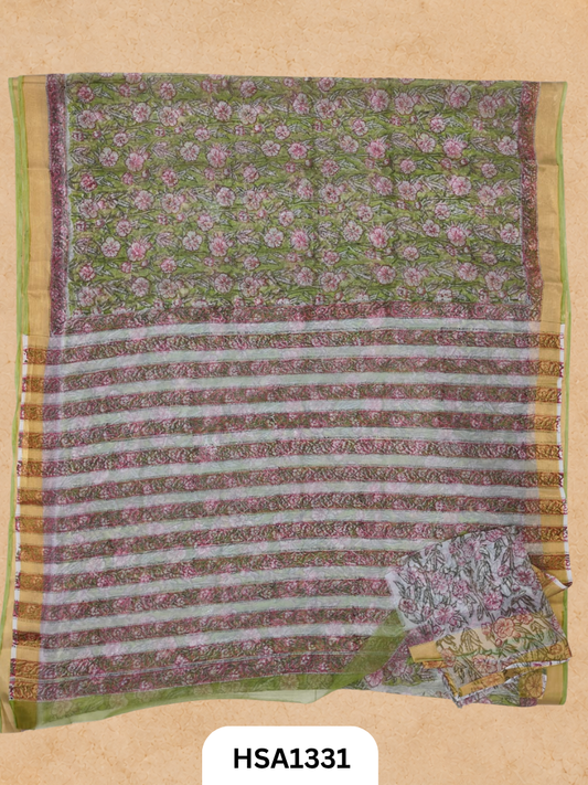 Chiffon Zari Border Saree - Hand Brush Painted