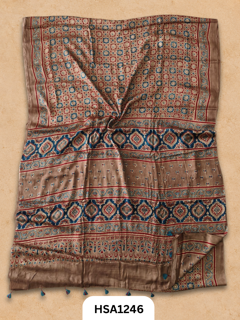 Natural Dye Vegetable Hand Block Print Ajrakh Print Pure Modal Silk Saree
