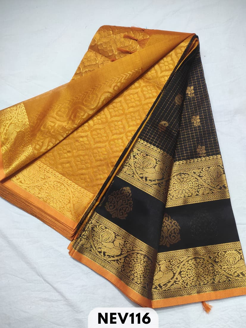 Handloom Silkcotton Long border zari checked butta with rich pallu saree