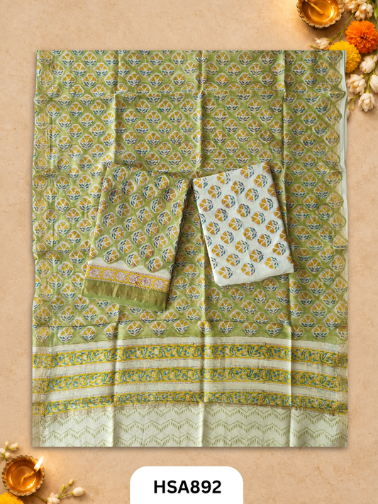 HandBlock Printed Maheshwari Silk Zari Border Top & dupttas 2.5 Mtrs | Bottom cotton 2.50 mtrs