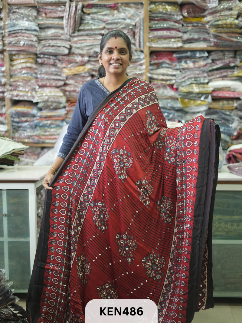 MODAL NATURAL AJRAKH HANDBLOCK SAREE WITH GLUE MIRROR