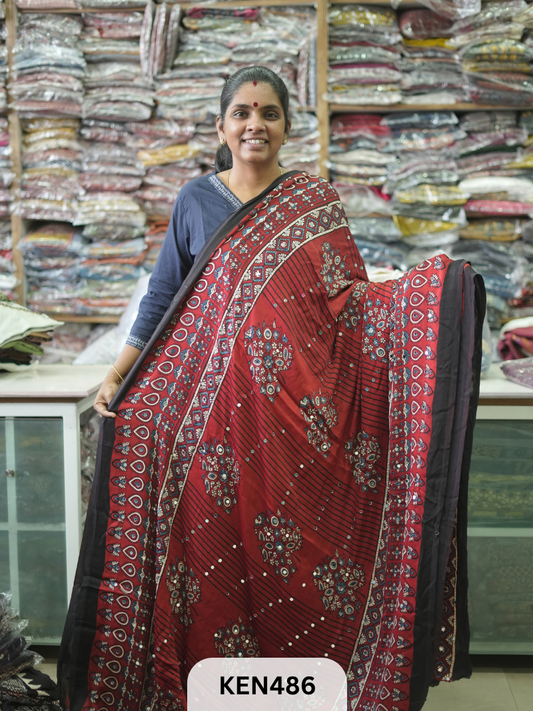 MODAL NATURAL AJRAKH HANDBLOCK SAREE WITH GLUE MIRROR