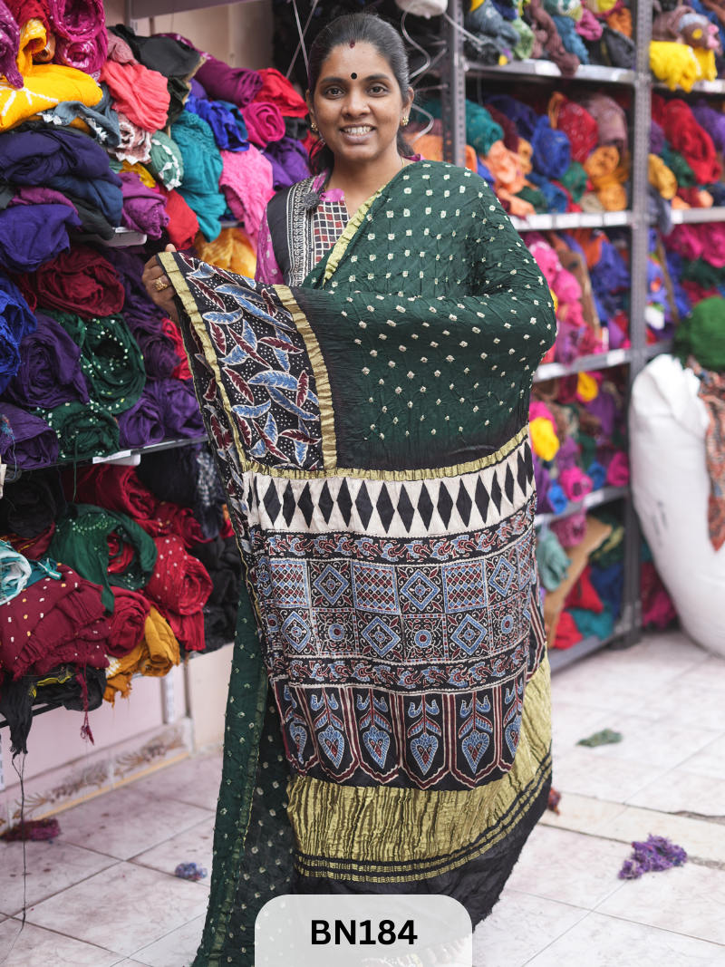 AJRAKH BANDHEJ WITH SKIRT BORDER SAREES | MODAL GAJI FABRIC