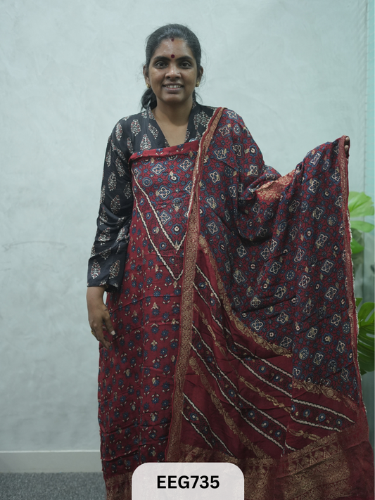 AJRAKH DOLA SILK 2 PCS-UNSTITCHED ( TOP 3.5MTR AND DUPPATA 2.25MTR ) - IMMEDIEATE DISPATCH