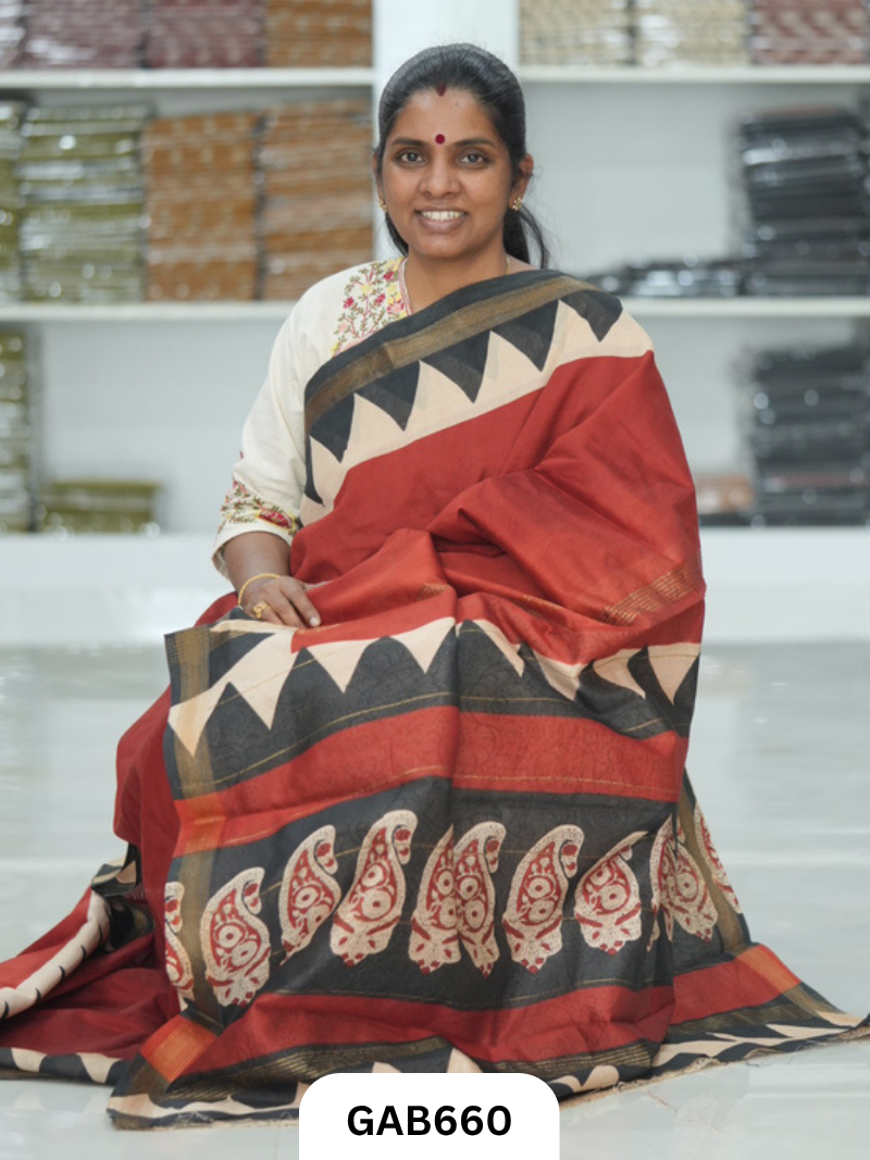 Hand Block Printed Maheshwari Silk Saree