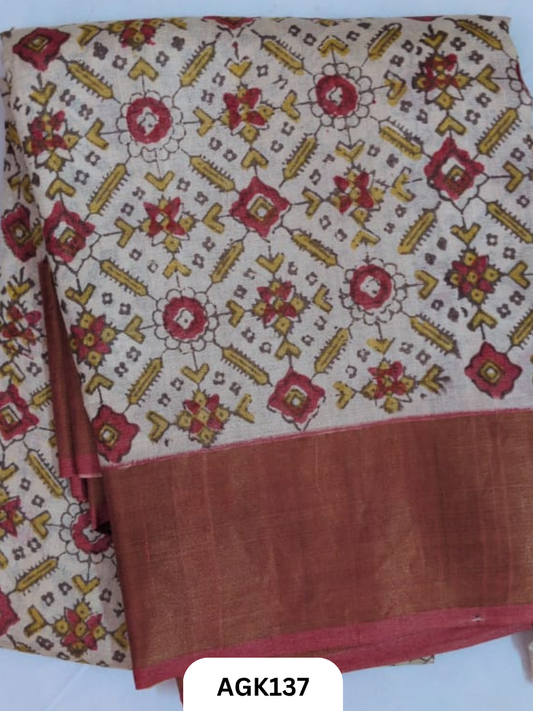 PREMIUM QUALITY  ZARI BORDER TUSSAR HAND BLOCK PRINTING WORK  WITH BLOUSE PIECE  SILK MARK CERTIFIED