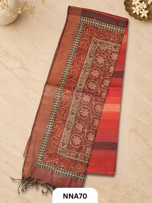 Handloom Pure Tussar Silk - Bullion With Kantha Stitch Saree