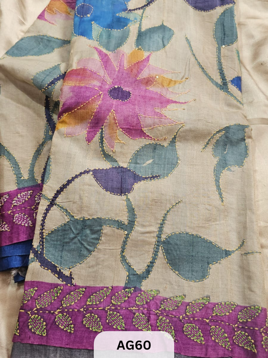 PURE GACHI TUSSAR WITH SPECIAL HAND PAINT| HAND KANTHA STITCH | SILK MARK