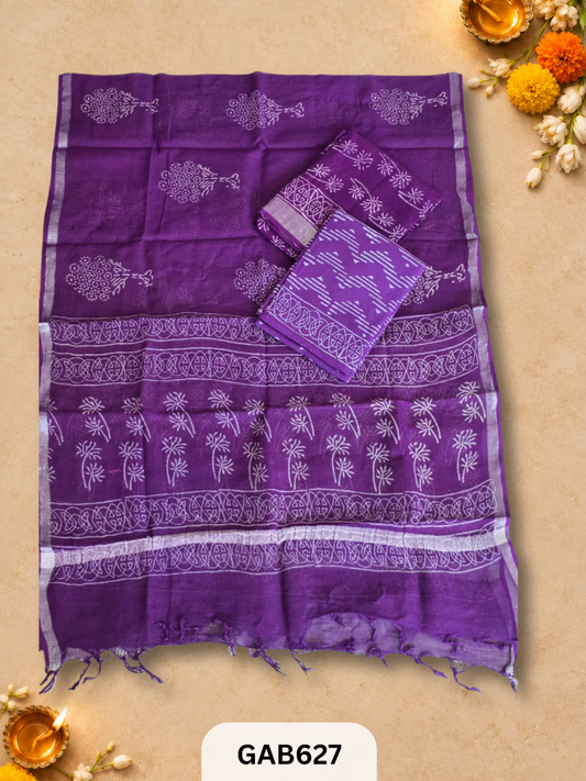 Bagru Hand Block Printed Linen Suits With Zari Border