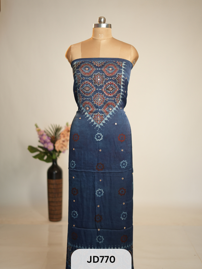 MODAL SILK AJRAKH HANDBLOCK PRINT WITH MIRROR WORK TOP KAFTAN FABRIC - Preorder 10 days