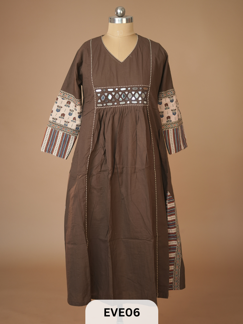 PLAIN COTTON KURTI WITH MIRROR WORK AND AJRAKH PRINT
