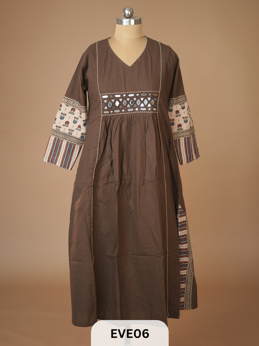 PLAIN COTTON KURTI WITH MIRROR WORK AND AJRAKH PRINT