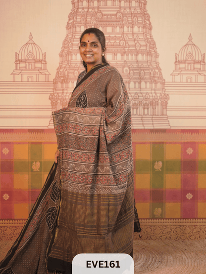 PURE CHANDERI SILK AJRAKH HANDBLOCK SAREE