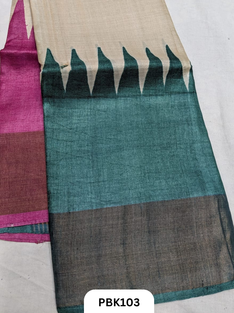 Premium Pure Tussar Silk Handblock Print Saree – Kolkata Special