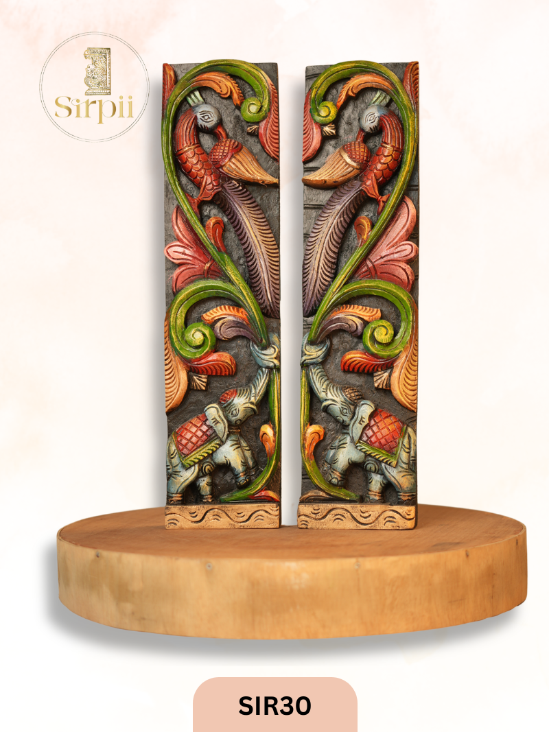 Wooden Peacock With Elephant Wall Panel Pair - Height 24" INCH, WIDTH 6"INCH